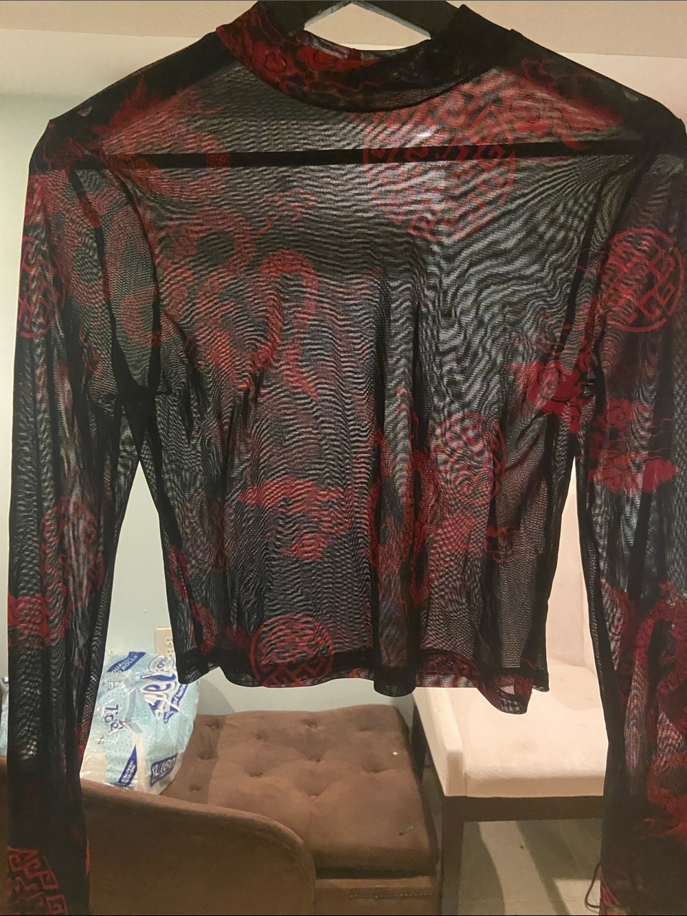 Timing Black Sheer Mesh Long Sleeve Top with Red Oriental Print